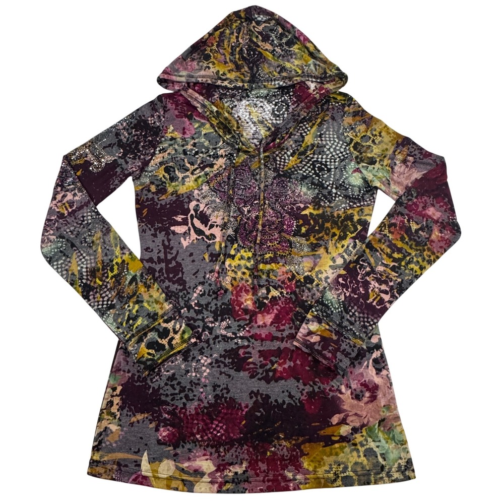 Y2K V Cristina Rhinestone Hoodie Floral Abstract Print Long Sleeve XL Whimsigoth